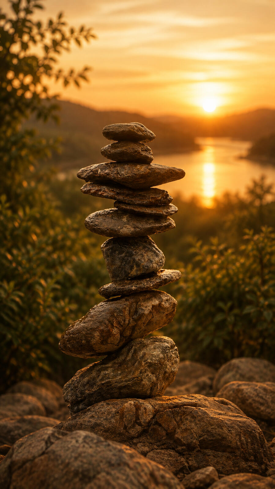 Spiritual grounding and contemplative presence Stacked stones in nature symbolizing balance, presence, and spiritual grounding.