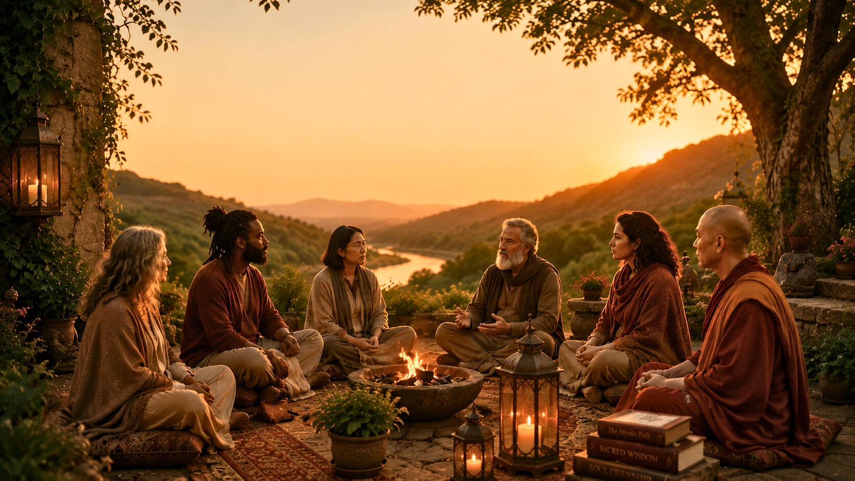 Sacred Space, Quiet Reflection In a warm, sanctuary-like space, a practitioner engages in journaling and quiet discernment. Surrounded by symbols of diverse traditions, sacred texts, and meaningful connection, this image captures the essence of deep spiritual companionship.