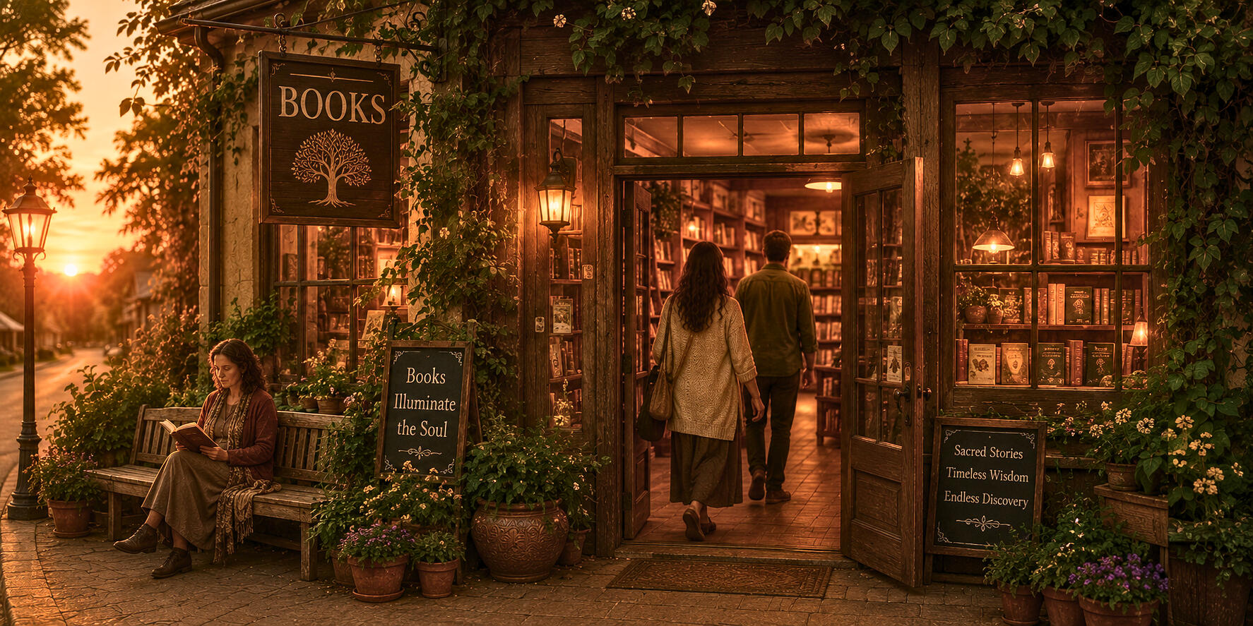 A warm, glowing bookstore at night filled with shelves of books, as two people step inside from a lush, green path.