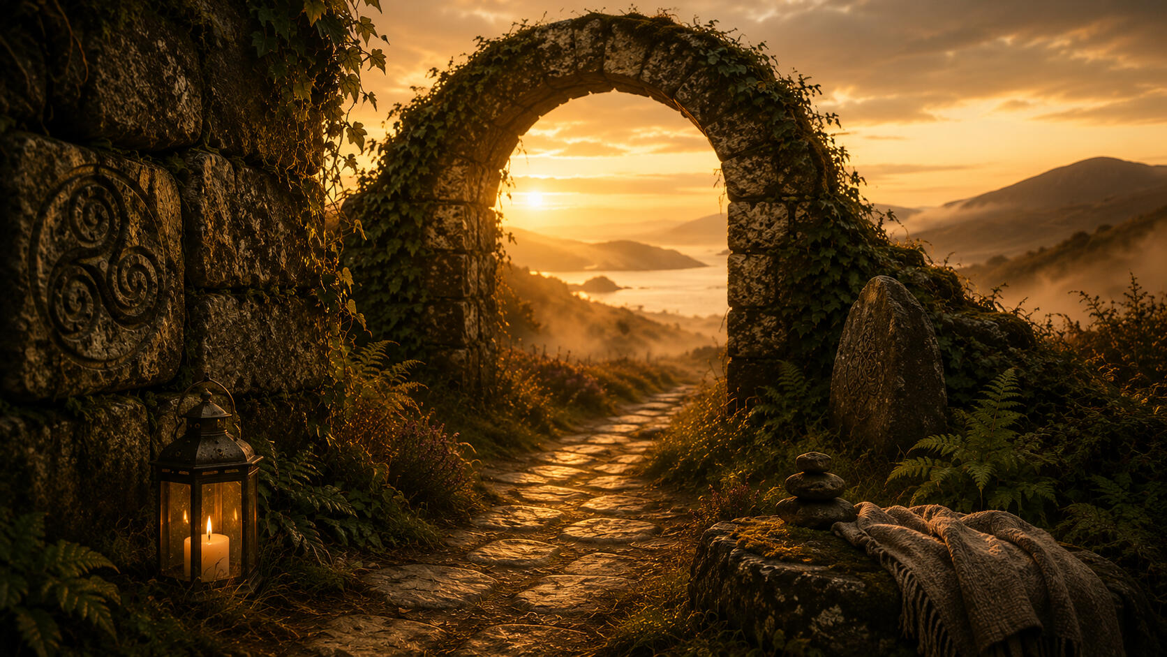 A stone archway carved with a triple spiral symbol and lit by a small lantern, opening to a cobblestone path winding toward a misty valley bathed in warm sunset light.