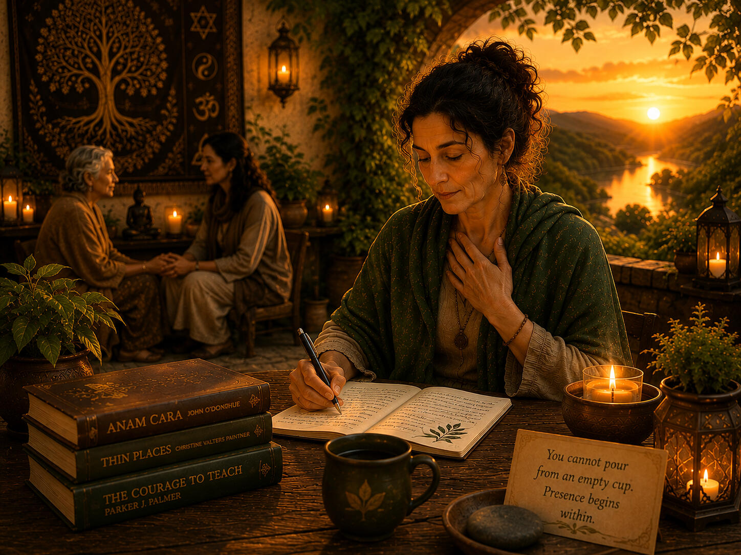 In a warm, sanctuary-like space, a practitioner engages in journaling and quiet discernment. Surrounded by symbols of diverse traditions, sacred texts, and meaningful connection, this image captures the essence of deep spiritual companionship.