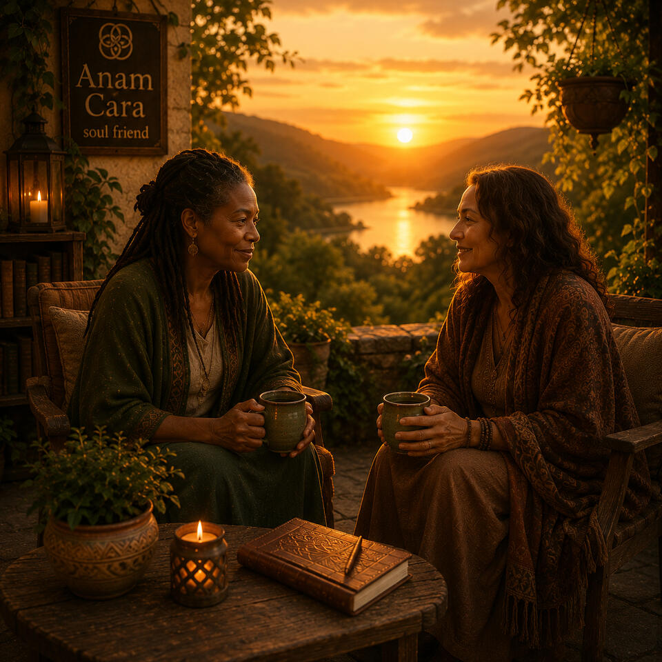 The Way of the Anam Cara Two women sitting outside by a calm lake at sunset, holding warm mugs and sharing a deep, attentive conversation.