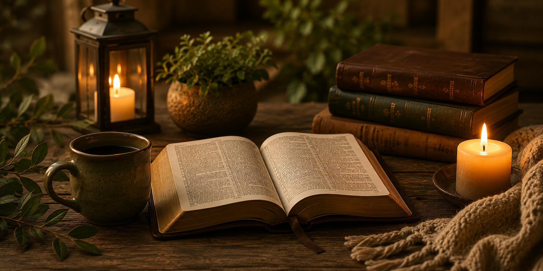 A Source of Written Wisdom An open vintage book beside a glowing candle and leather-bound journals on a wooden desk.